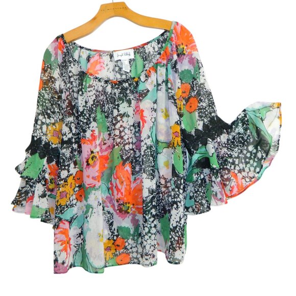 Joseph Ribkoff Sheer Floral Oversize Chiffon 3/4" Bell Cuff Sleeve Blouse Size 8 - Picture 2 of 16